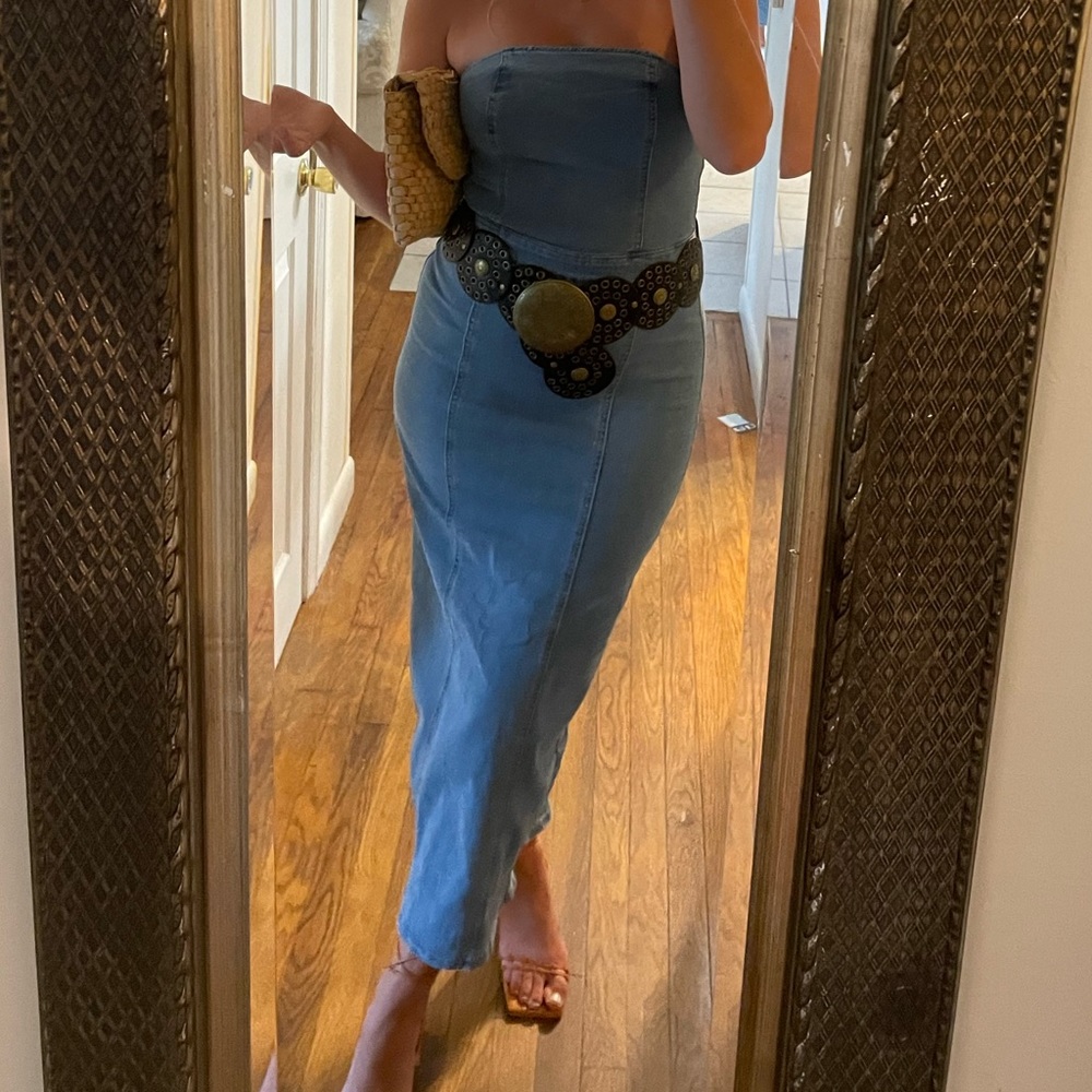 Denim Midi Strapless Dress